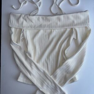 Cream Off-Shoulder Ribbed Long Sleeve Blouse